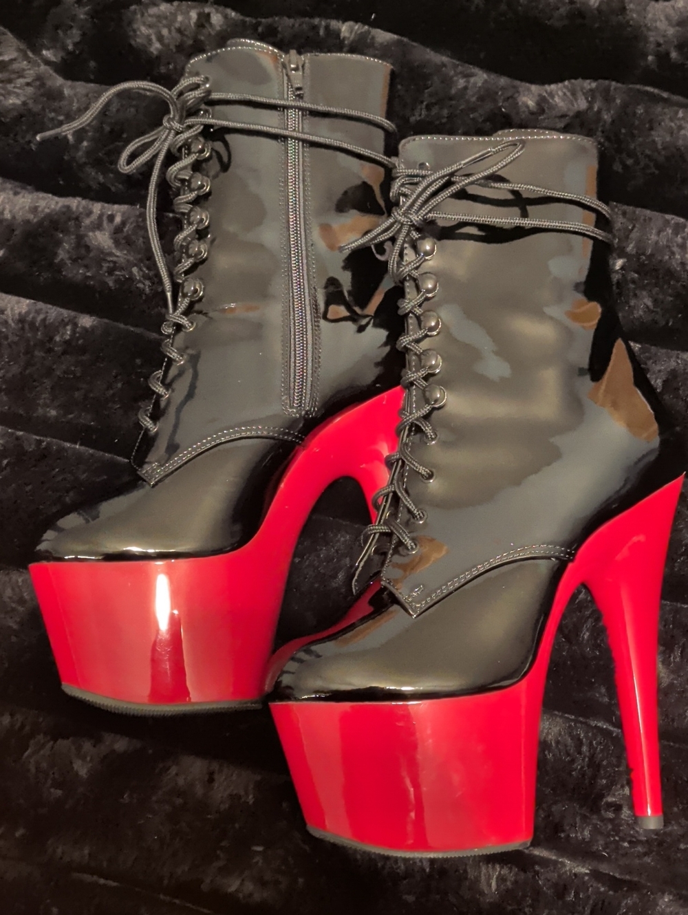 Red Sole, Black Patent Lace-Up Platform Dance/Pole Boots